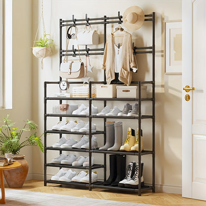 4 to 5 tier coat rack made of carbon steel that can be used for various purposes. It is spacious, measuring 170.18cm, and can be used to organize clothes and shoes. Available in black or white, and is easy to assemble.