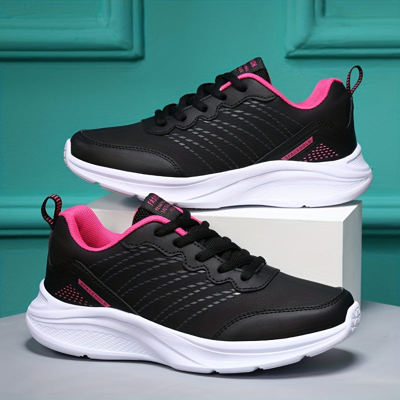 Women's water-resistant fashion sports sneakers with solid color, low top design, lace-up closure, EVA sole, superfine fiber insole, and all-season PU upper for comfort.