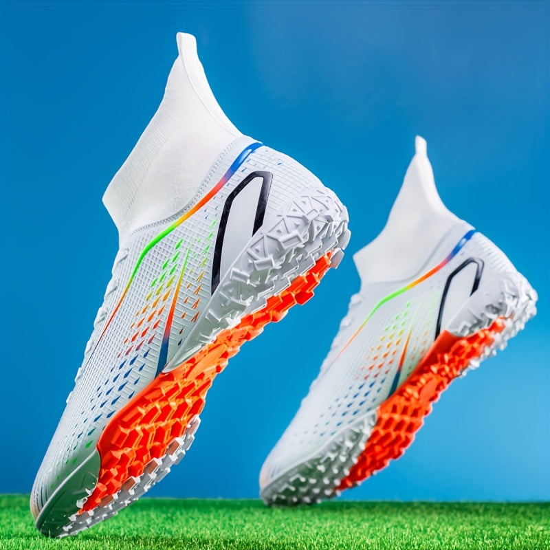 High-top soccer cleats for kids with anti-slip soles, breathable mesh upper, and colorful accents, perfect for school sports.