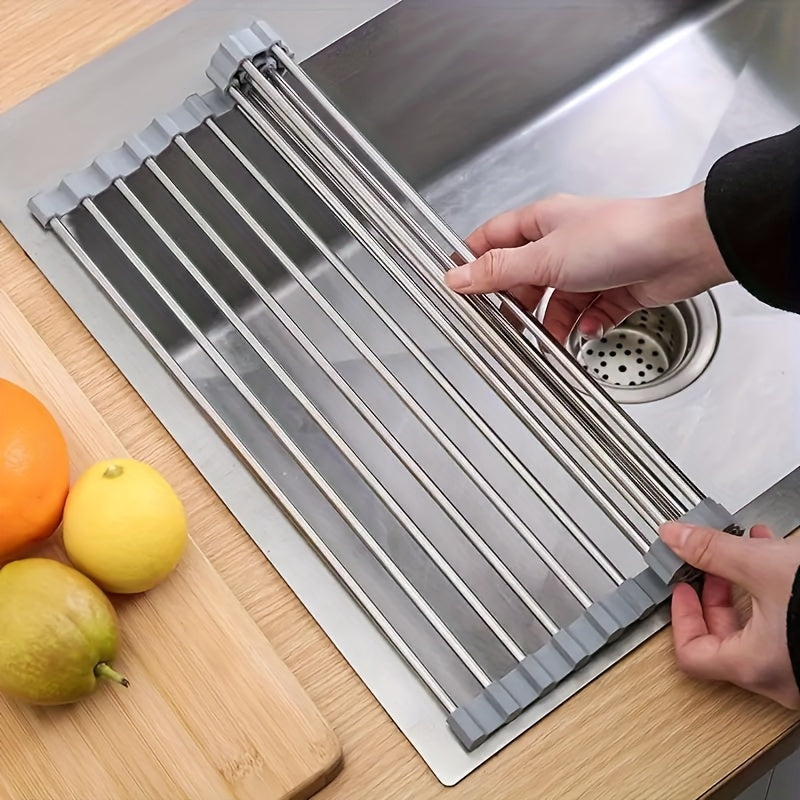 Stainless Steel Roll-Up Dish Drying Rack designed for Kitchen Sink - Folds and Adjusts to Fit All Dish and Utensil Sizes, Features Drainage Rack for Kitchen Countertop.