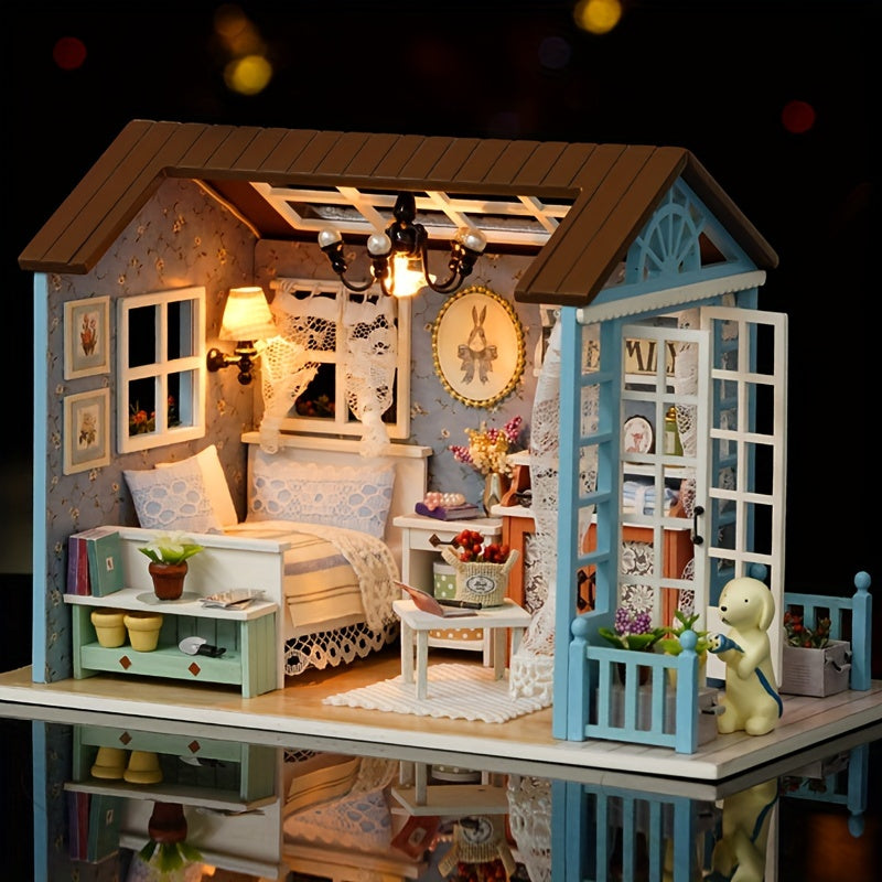 DIY Wooden Miniature House Kit with Furniture and 3D Puzzle Craft Set, Ideal Gift for Valentine's Day and Birthdays, Promotes Educational Patience and Skill Development.