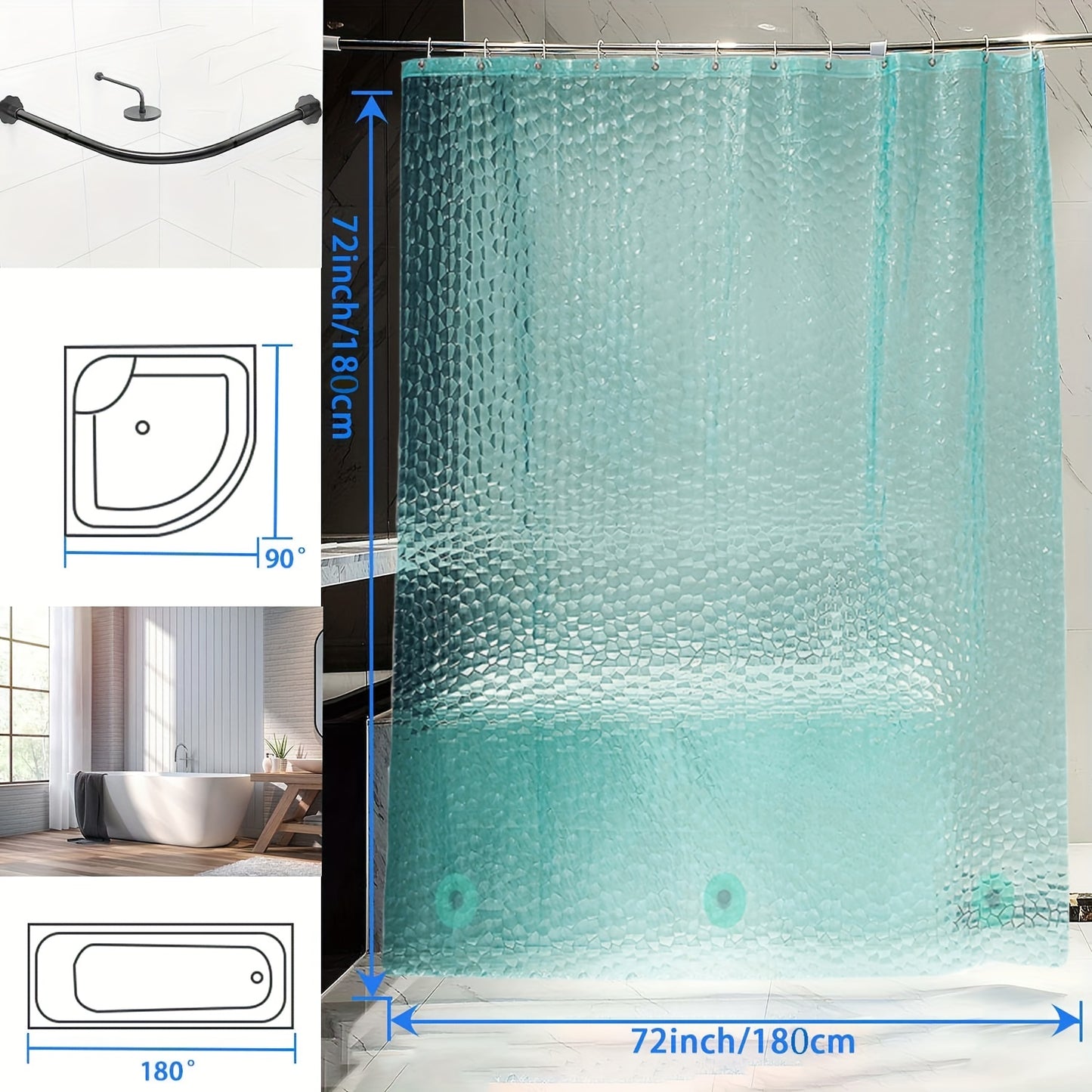 Waterproof 3D Pebble Pattern Shower Liner in Blue - 72x72 Inch for Bathroom Decoration