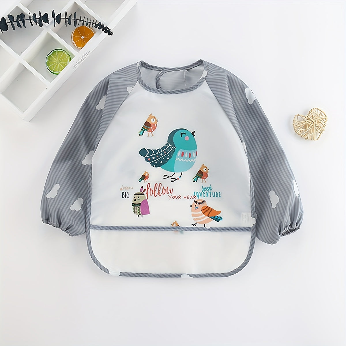 Waterproof Long-Sleeve Feeding Bib for Kids - Grey, Made of Polyester Fiber