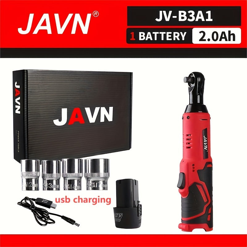 JAVN 12V Cordless Electric Ratchet Wrench Set with USB Rechargeable Lithium Battery for Car Repair and Nut Removal.