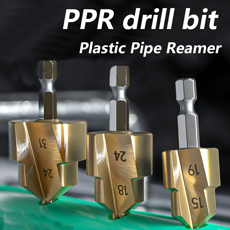 Hexagonal handle reaming drill bit for plastic water pipes. Converts small diameter pipes into larger ones. Ideal for connecting plastic pipes in home improvement projects.