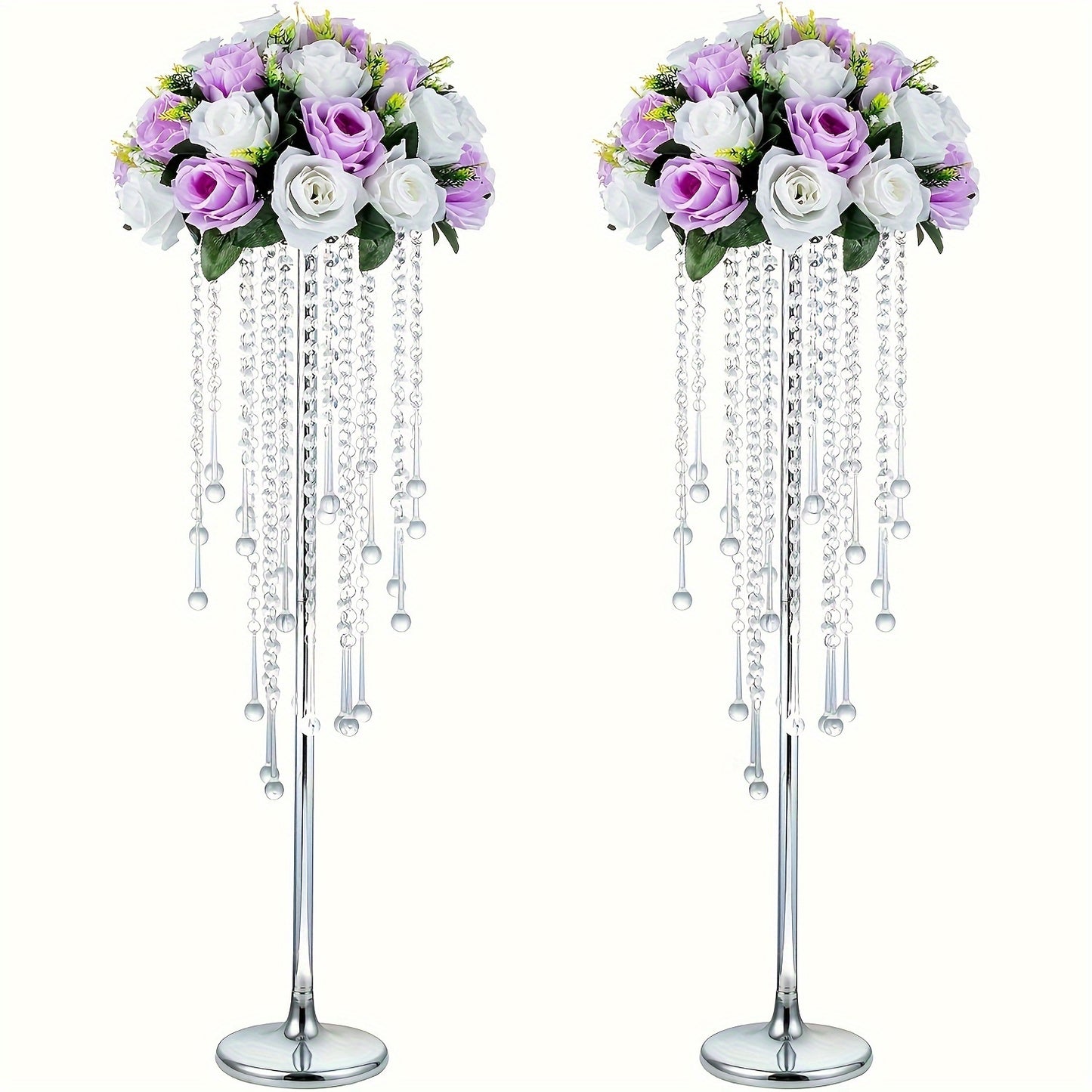 2 crystal flower stands for wedding centerpieces, metal holders for tabletop flower arrangements at reception ceremonies.