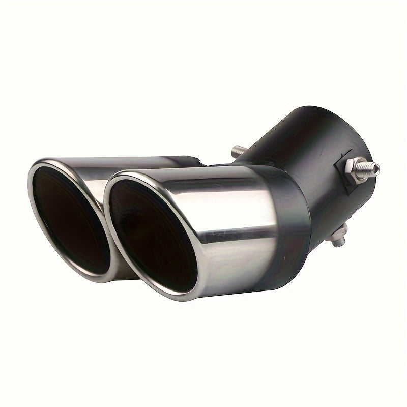 Universal dual air outlet exhaust head in chrome stainless steel for automotive rear tailpipe accessories.