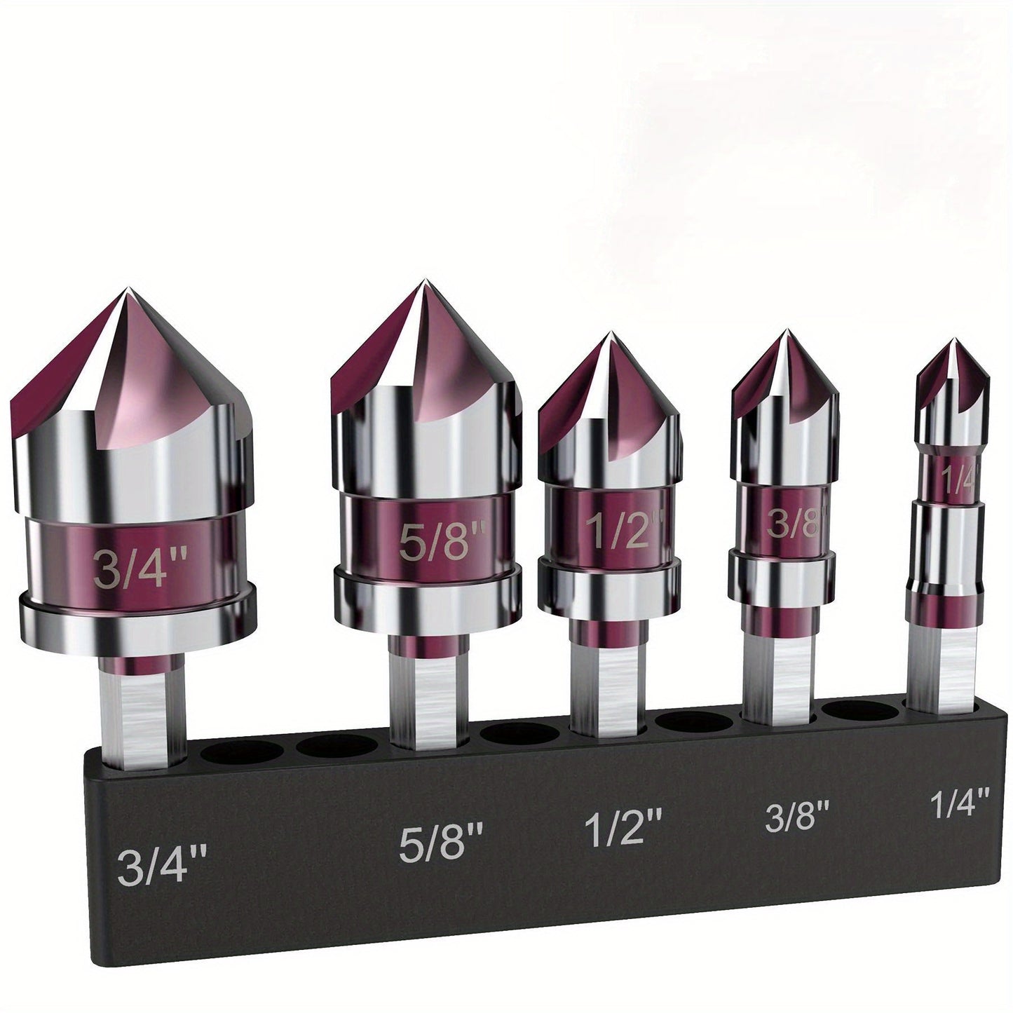 5-piece M35 Cobalt Countersink Drill Bit Set with 82° Angle and 1/4" Hex Shank. Versatile for Metal, Wood, and Plastic. Sizes include 1/4", 3/8", 1/2", 5/8" with holder.