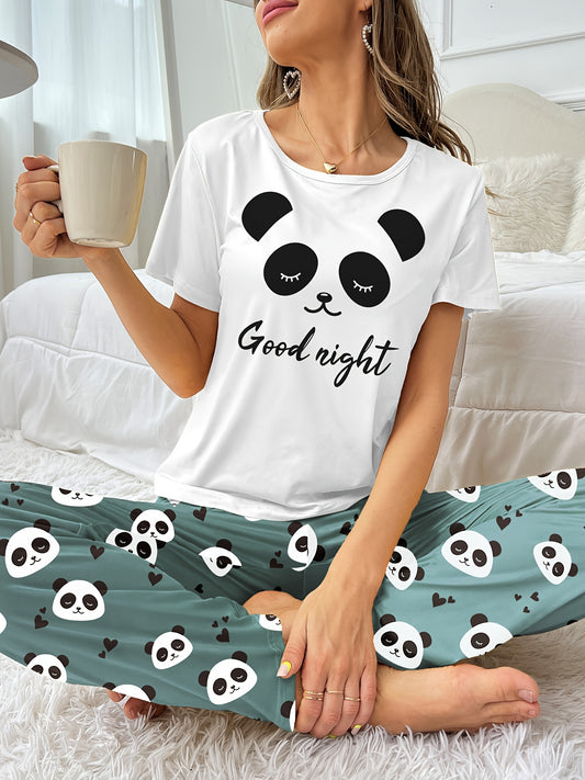 Women's adorable panda print matching set - includes short sleeve top and long peacock green pants made of soft polyester blend with "Good Night" graphic. Cozy and comfortable.