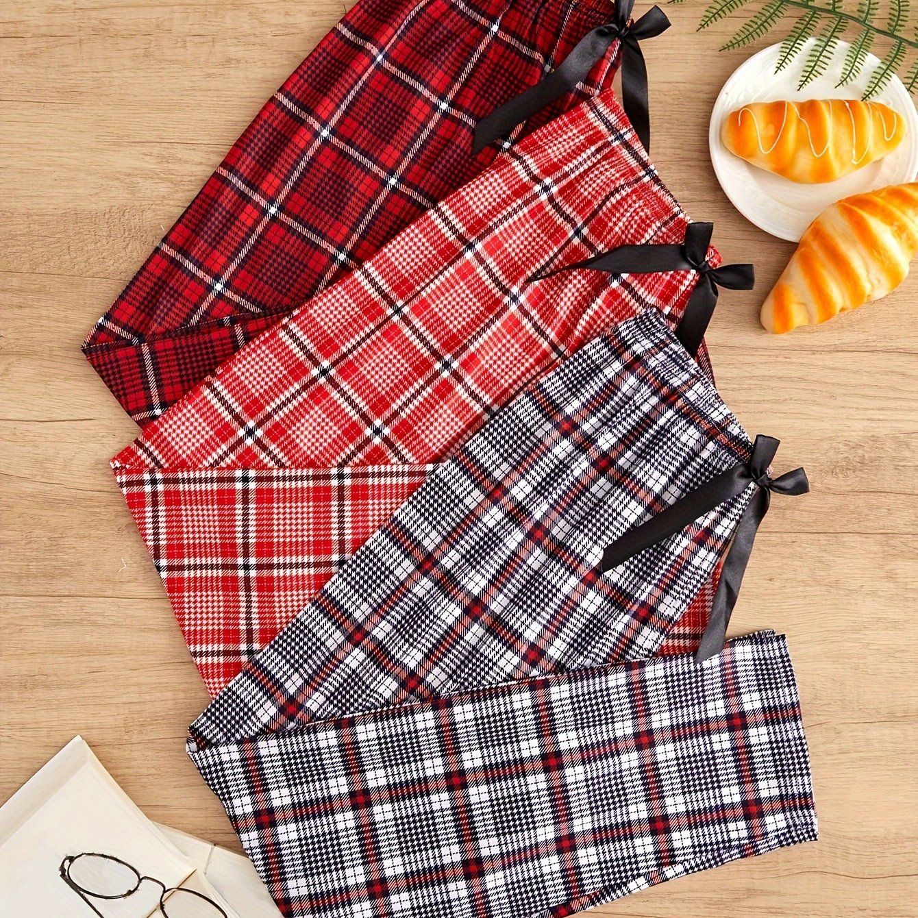 3-piece set of plaid sleep bottoms, cozy and casual home sleep pants for women's loungewear.