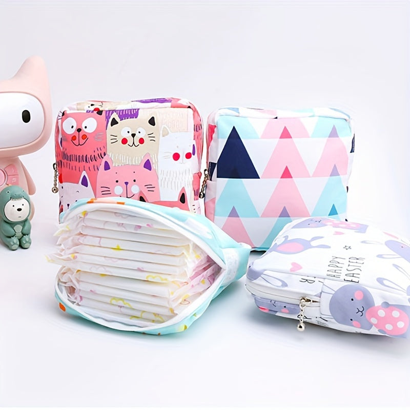 Cartoon printed portable storage bag for menstrual products. Large capacity, waterproof, suitable for organizing girl's belongings. Can also be used for storing headsets, coins, art