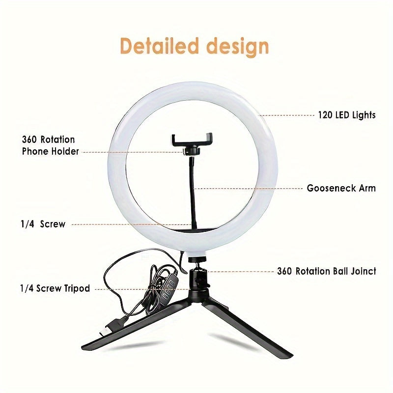 1 LED Ring Light with tripod and phone holder, dimmable and USB-powered. Ideal for YouTube videos, photography, selfies, vlogs, makeup, and live streaming. Portable.