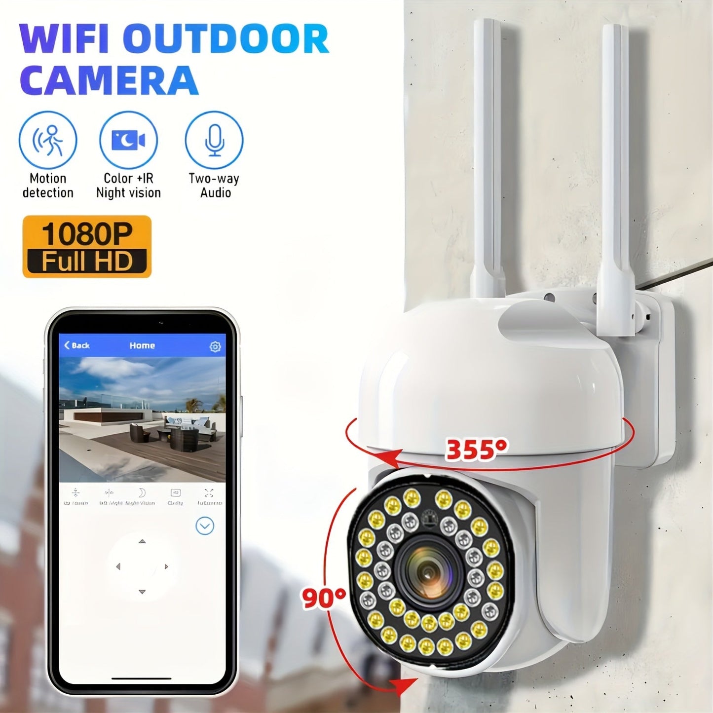 TERUHAL 1080P Full HD Outdoor WiFi Security Camera with Pan-Tilt Auto-Tracking, Two-Way Audio, Motion Detection, Night Vision, Smartphone Compatible. Waterproof and USB Powered, suitable for ages 14 and above. Wi-Fi Enabled with no battery needed.