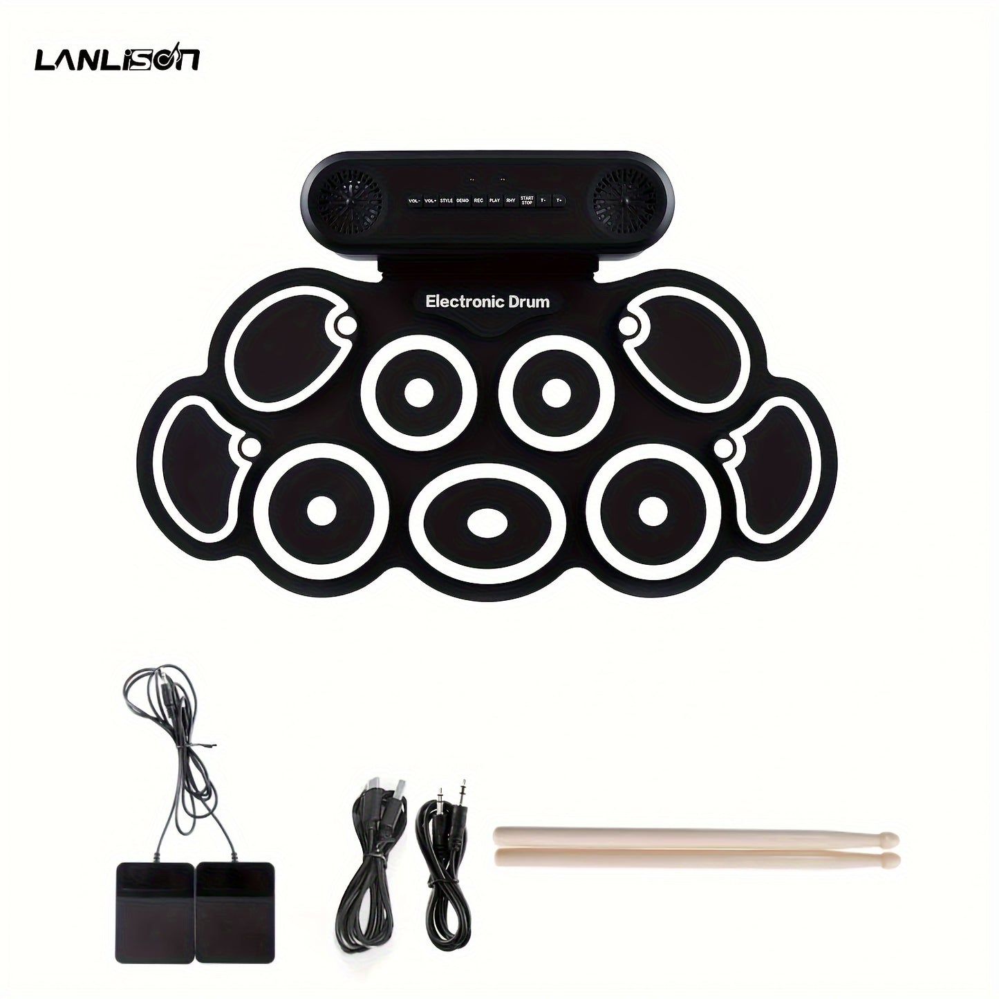 Roll-up electronic drum set with 9 practice pads and built-in speakers, includes drum pedals, drum sticks, and 10-hour playtime.