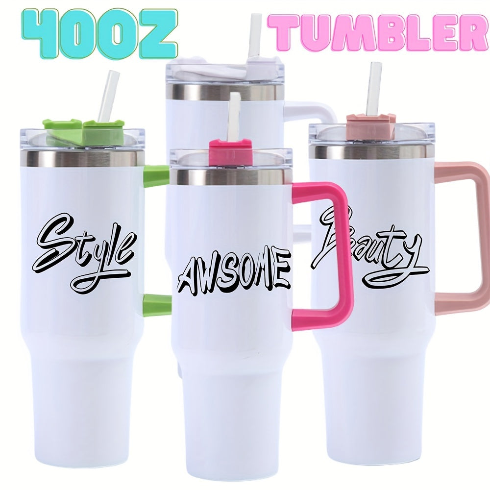 Set of 1 or 4 40oz tumblers with double-wall stainless steel, handle, straw, and personalized drinkware option.