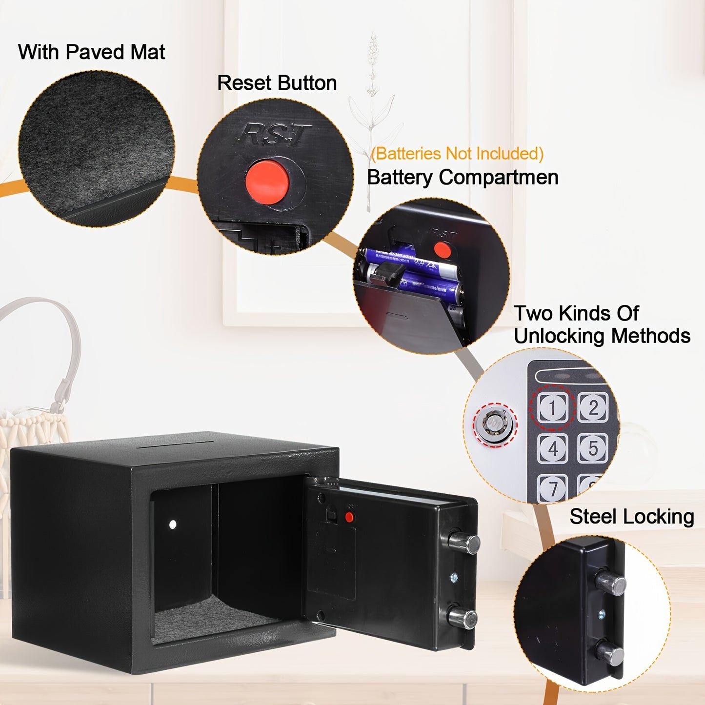 Secure digital security safe with combination and key lock for storing valuables in homes, offices, and hotels. Made of metal and powered by dry batteries. Not waterproof.