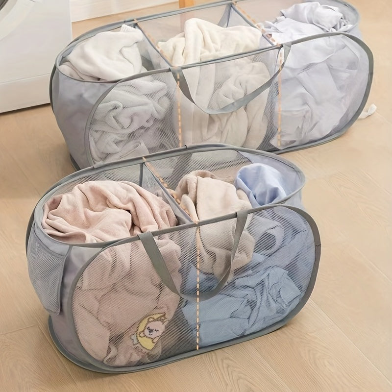 Portable laundry bag with 2/3 compartments for adults and children. Easily foldable and convenient for carrying. Separate storage for dirty clothes. Thickened material for durability and easy cleaning.