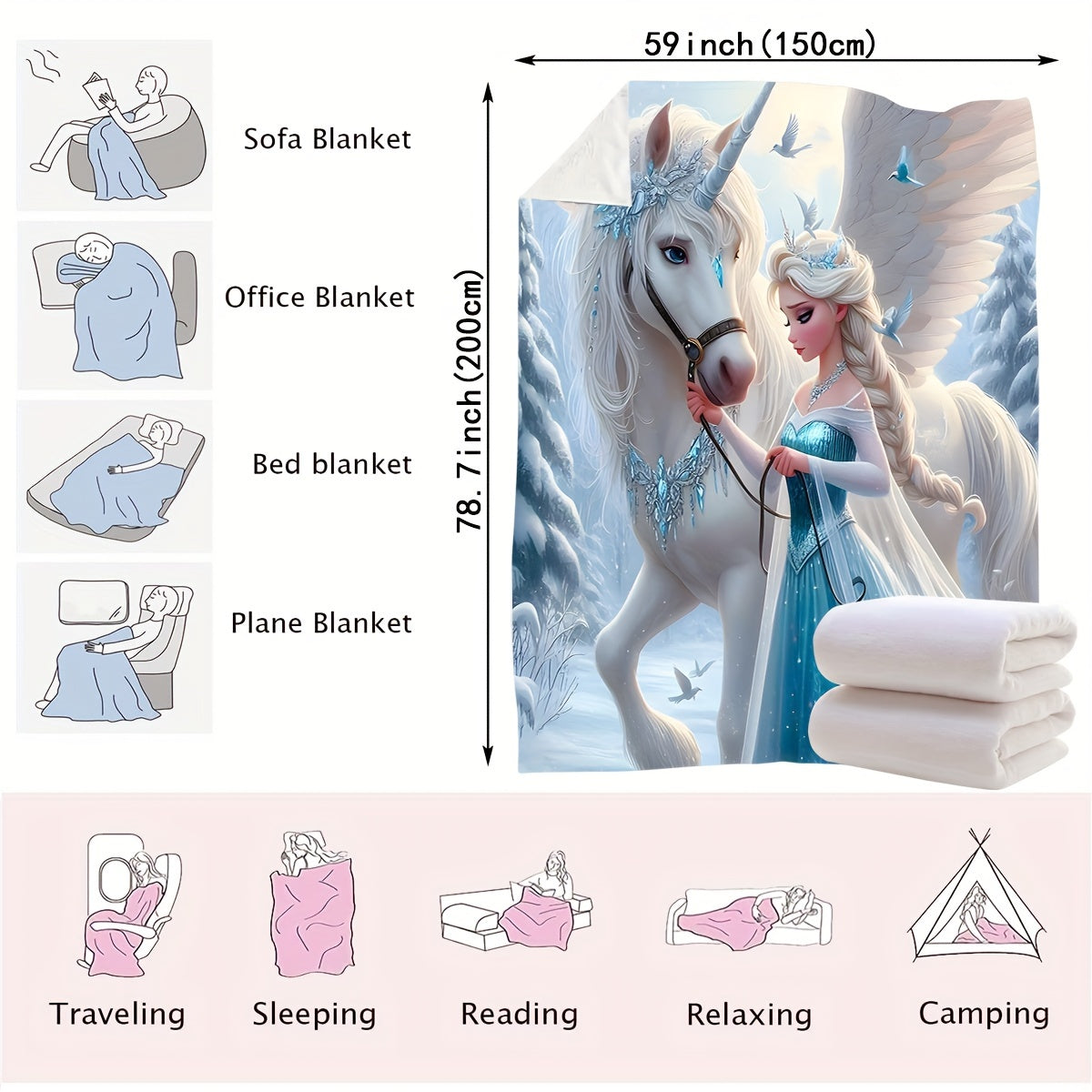 High-necked Unicorn Snow And Ice Art Blanket - versatile for use as a carpet, bed blanket, towel quilt, nap blanket, casual blanket, travel blanket, or throw blanket.