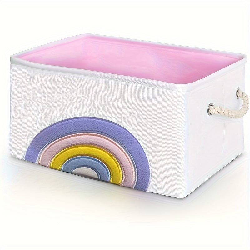 Large canvas storage basket with handles, featuring a foldable rainbow design. Ideal for organizing toys, home items, DIY supplies, and as a gift bin for birthdays or showers. Suitable for individuals aged 14 and over, made from high-quality textile