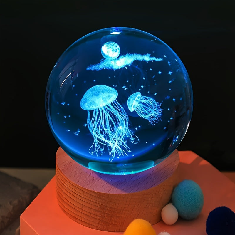 3D Dream Jellyfish Laser Engraved Crystal Ball LED Night Light - Perfect Creative Birthday Gift for Girlfriend, Classmate, or Wife.