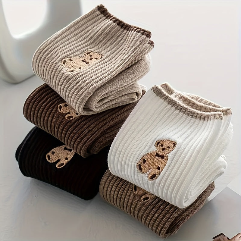 5 pairs of cute cartoon bear embroidered crew socks for women made from soft, breathable polyester knit with spandex. Hand wash recommended. Ideal for casual or sports wear.