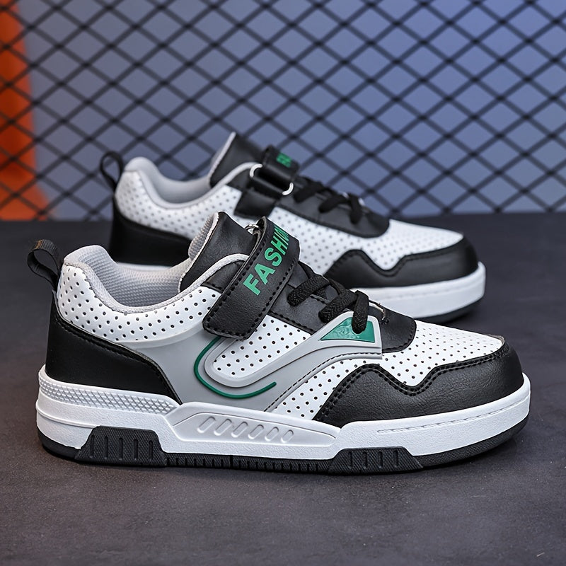 Youngsters' Low-Top Sneakers with Hook-and-Loop Closure, Breathable Perforated Toe Box, Black/White/Green Colorway, TPR Sole for Grip & Durability, Soft Fabric Lining, Ideal for Running &