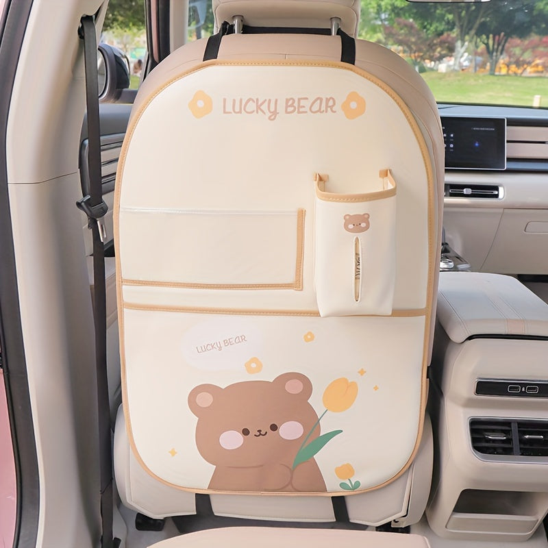 Car Seat Back Storage Bag with Cute Cartoon Design, Multifunctional Protection Pad.