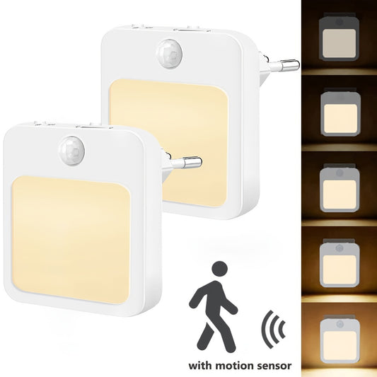 Plug-in LED motion sensor night light with dimmable feature and auto dusk to dawn sensor for various rooms.