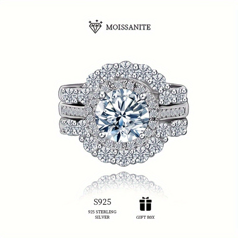 This exquisite set features a stunning 2-carat Moissanite ring in a Bohemian style, crafted from pure S925 silver with low allergy properties. Suitable for parties, this luxurious full-set ring for women weighs approximately 6.8g and comes with a