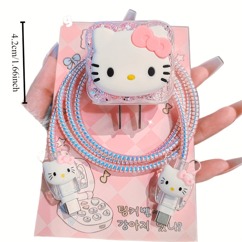 Sanrio Hello Kitty Pink Charger and Cable Protector Set - High-Quality, Battery-Free Design Compatible with Apple 18W/20W Adapters, Includes Sparkling Rhinestone Cable, Clear Charger Case