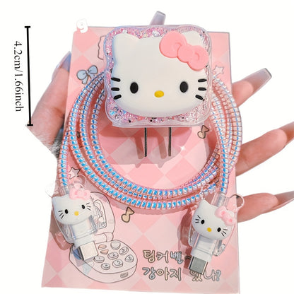 Sanrio Hello Kitty Pink Charger and Cable Protector Set - High-Quality, Battery-Free Design Compatible with Apple 18W/20W Adapters, Includes Sparkling Rhinestone Cable, Clear Charger Case