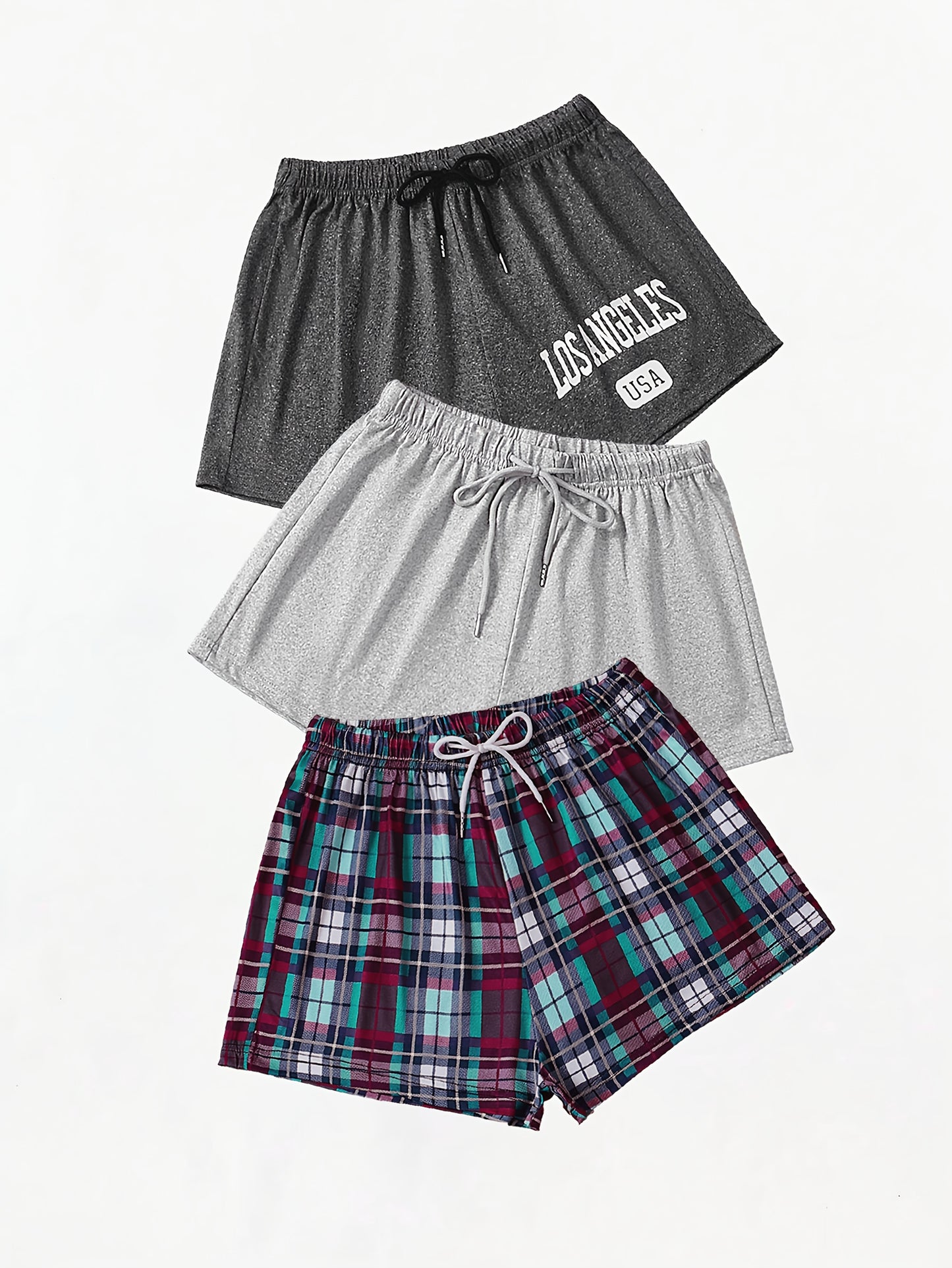 Plaid and letter print lounge bottoms with elastic drawstring, women's casual loungewear, set of 3.