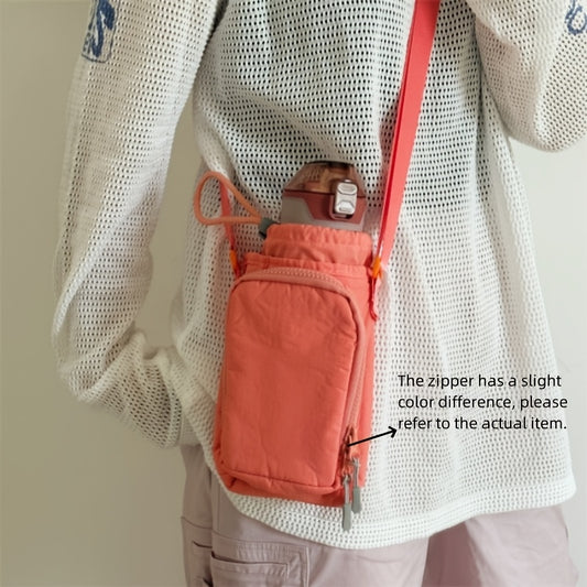 Nylon crossbody bag with water bottle and phone pockets, available in 5 colors, with zip closure.