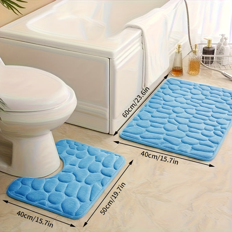 Two pieces of ultra-soft bath mats with stone embossing, 25D thick sponge material. Non-slip and highly absorbent, suitable for use in the shower, kitchen, laundry room, and as bedroom decor.