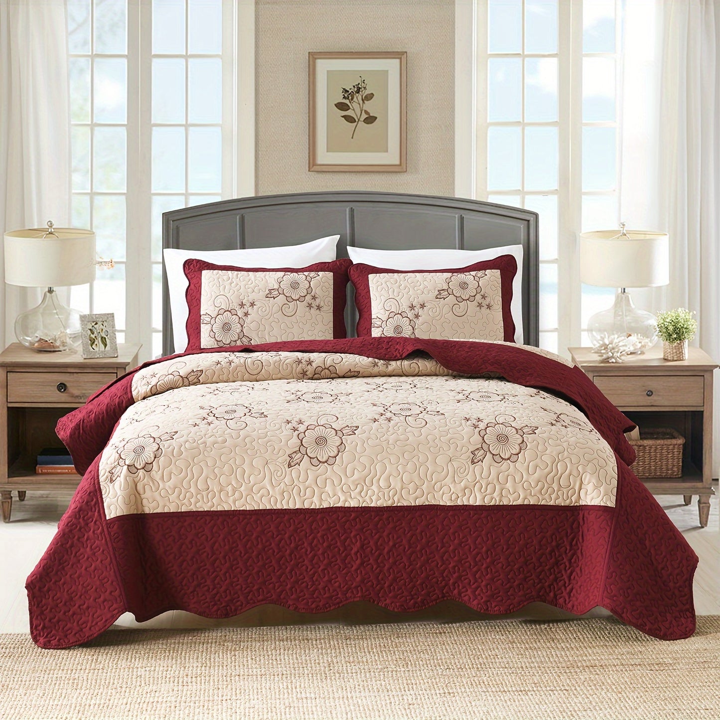 Red quilt cover bedding set with flower pattern, includes bedspread and 2 pillowcases. Soft, breathable, and comfortable for bedroom or dorm room.