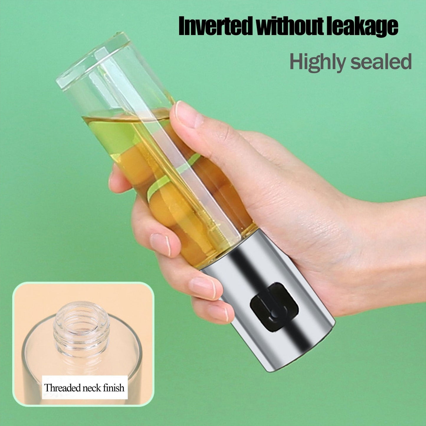 Glass oil spray can for household use, featuring a fine press spray for oils in the kitchen. Can also be used for sauces, vinegar, and spices. Perfect for barbecuing and grilling.