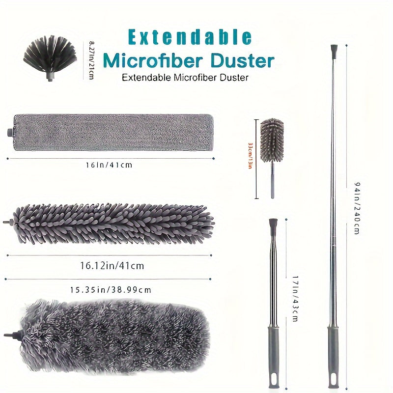 Microfiber Dusters Set with Extension Pole and Retractable Brush for Dust Removal. Features a Bendable Head and is Reusable and Washable. Ideal for Cleaning High Ceilings, Furniture, Cars, and More. Includes Cleaning Supplies and Tools.