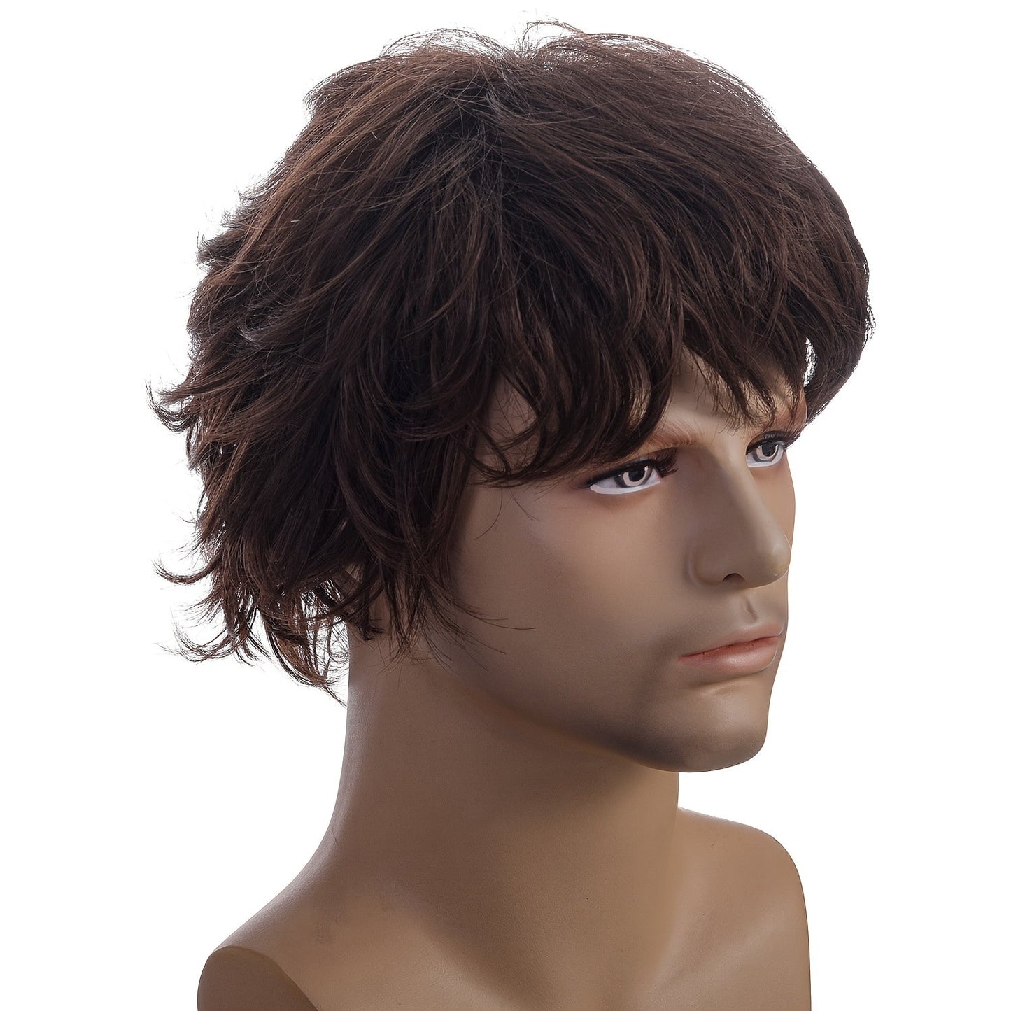 Fashionable men's wig with short curly hair and natural oblique bangs.