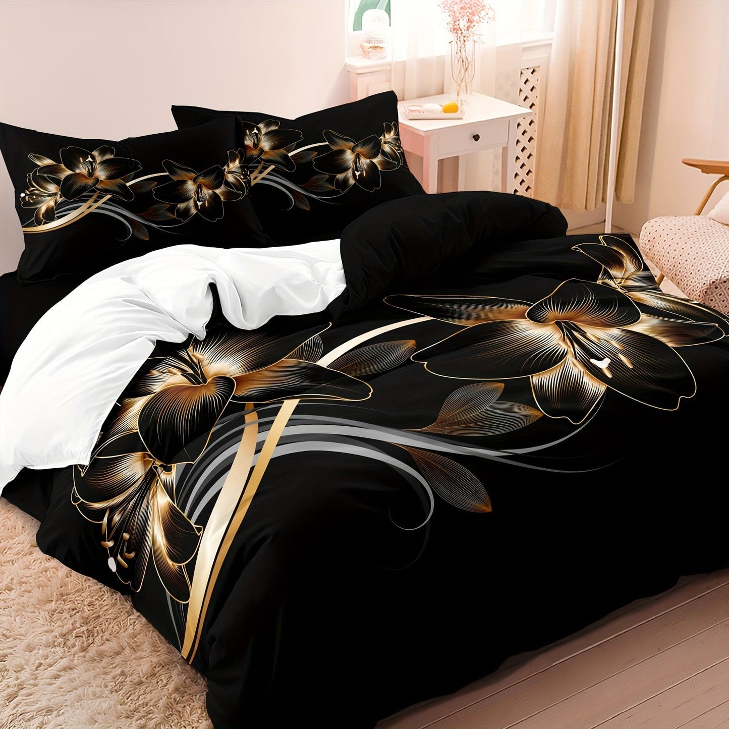 This luxurious Black and Golden Floral Duvet Cover Set is made of 100% Polyester, making it lightweight and perfect for all seasons. The set features a zipper closure for easy use, a beautiful digital print design, and includes pillowcases. Machine