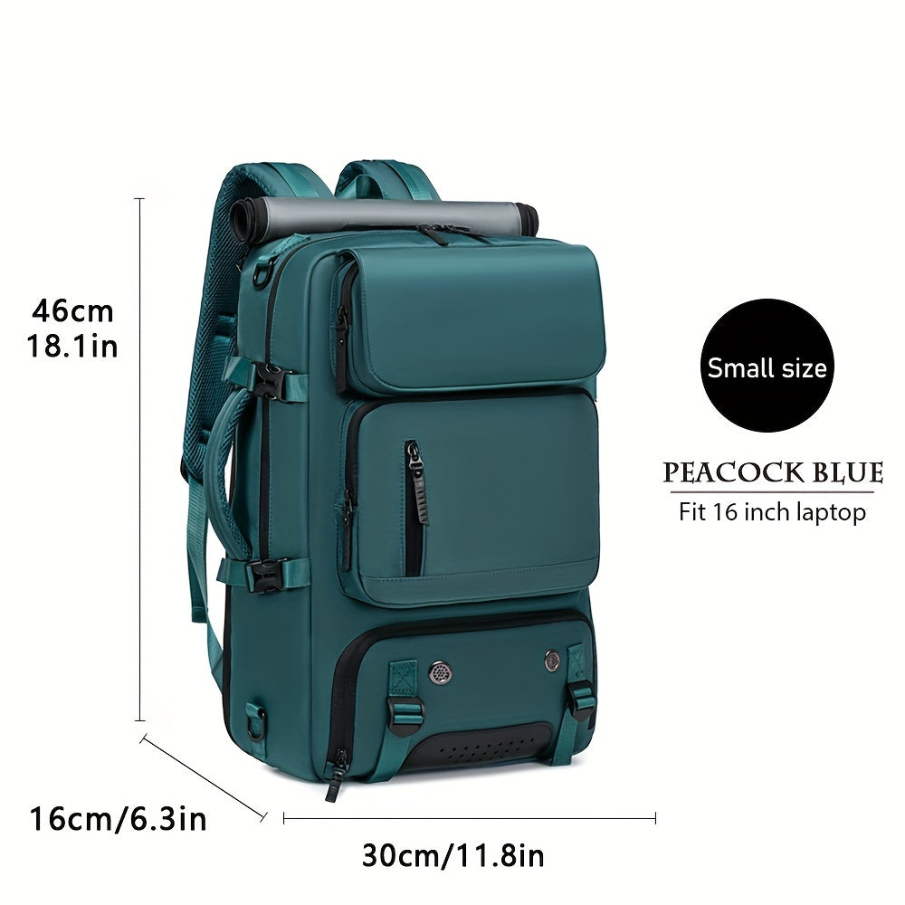 Waterproof backpack with USB port, trolley sleeve, shoe grid for outdoor activities.