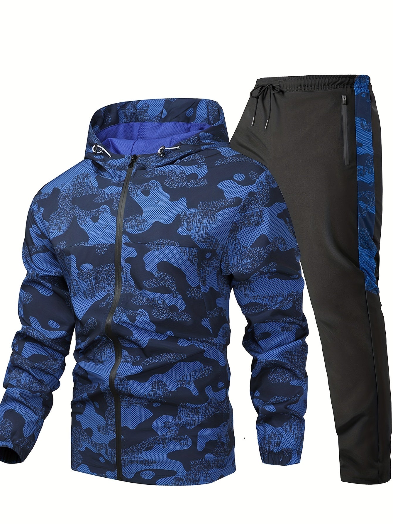 Men's casual 2-piece outfit, featuring a camouflage print hooded jacket with drawstring pants, paired with a zip-up hoodie and breathable comfy pants.