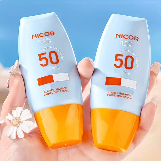 NICOR SPF 50 Quyoshdan himoya kremlari: Formaldegidsiz, barcha teri turlari uchun suyuq formula, bezovta qilmaydigan, namlantiruvchi, engil, UV himoyasi, 50g.