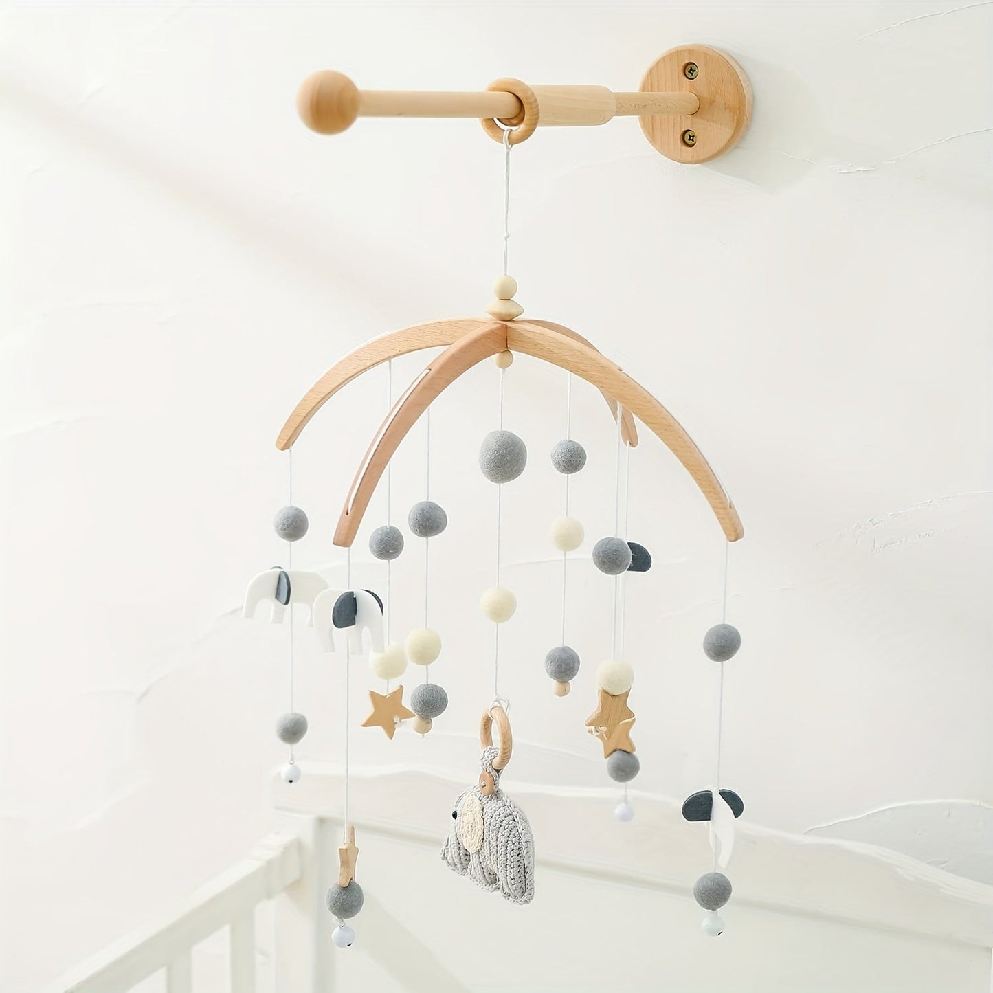 Wooden arm mounted mobile bracket for room walls, featuring an adjustable and fixed hanger for decorating your room during Halloween and Christmas. Great gift idea!