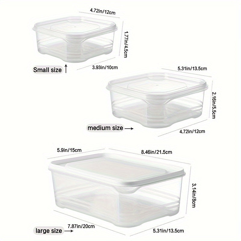 One set of three food preservation boxes, refrigerator storage boxes, and grain storage boxes. These plastic boxes come in three sizes - large, medium, and small. Also included is a lunch box and fruit storage box with lids, making them perfect for