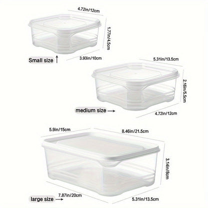 One set of three food preservation boxes, refrigerator storage boxes, and grain storage boxes. These plastic boxes come in three sizes - large, medium, and small. Also included is a lunch box and fruit storage box with lids, making them perfect for