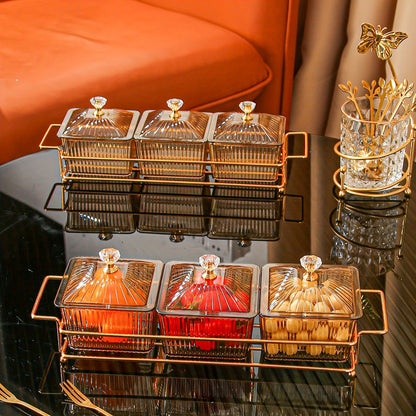 New holiday-themed dried fruit plate trays with multiple compartments for snacks and desserts.