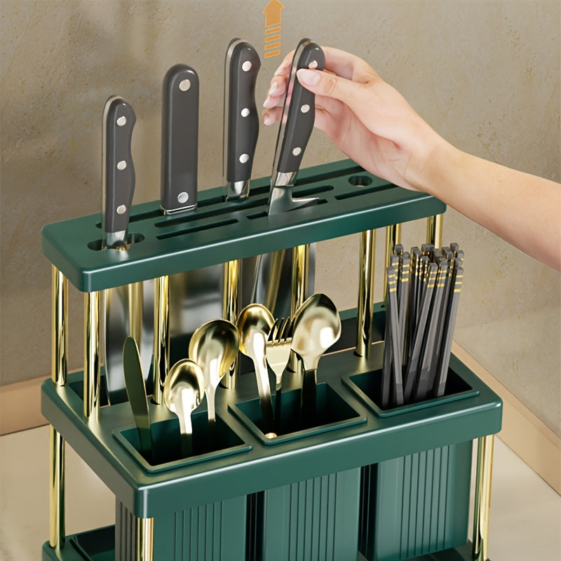 Space-Saving Metal Organizer for Cutlery and Cookware, with Multi-Functional Knife and Fork Storage Rack, Utensil Holder, and Draining System.