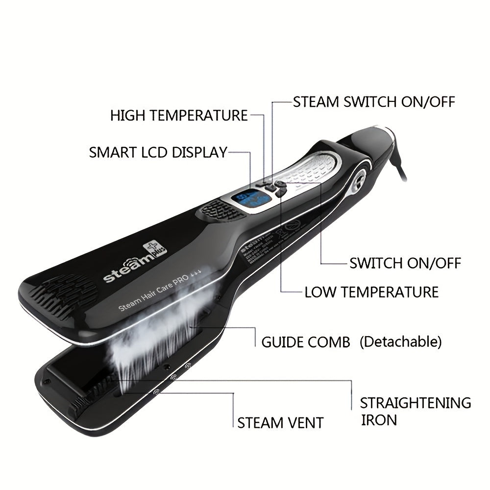 Professional steam flat iron for hair that functions as both a straightener and curler with ceramic plates, ionic technology, dual voltage, and adjustable temperature.