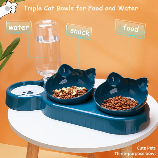 Triple cat bowl set with automatic water dispenser, tilted and rotatable design, includes food, water, and snack bowls in durable plastic - perfect for cats.