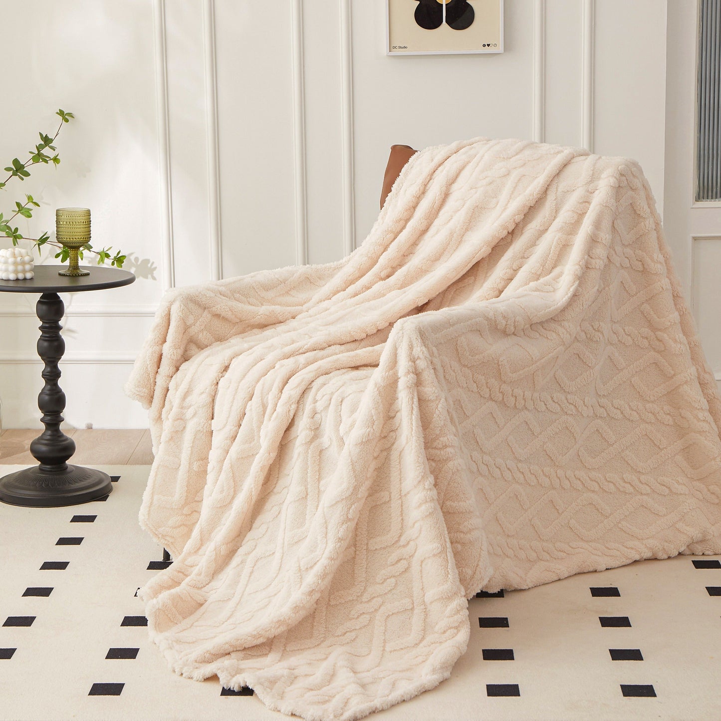 Modern Jacquard Fleece Throw Blanket measuring 203.2x228.6 cm, featuring a 3D embossed design that is soft and warm. Made with 320 GSM plush touch lightweight fabric in a geometric pattern with a leaf theme. Crafted from taffeta fabric, this versatile